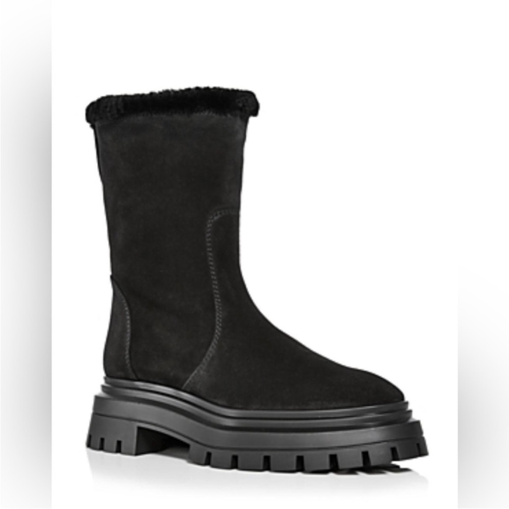 Stuart Weitzman Bedford Chill Genuine Shearling Lined Moto Suede Booties - NWT